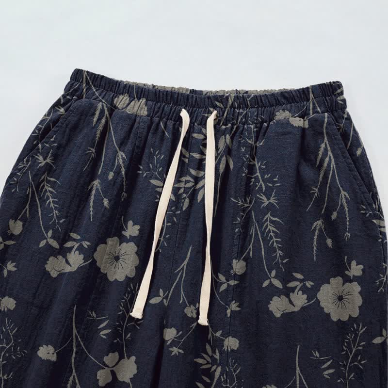 Pantaloni da casa in cotone a trama grossa color blu navy con fiori selvatici - image 2
