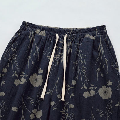 Pantaloni da casa in cotone a trama grossa color blu navy con fiori selvatici - image 2