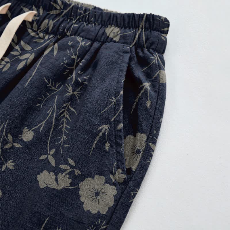 Pantaloni da casa in cotone a trama grossa color blu navy con fiori selvatici - image 3