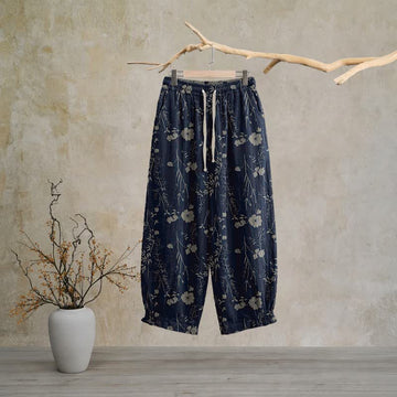 Pantaloni da casa in cotone a trama grossa color blu navy con fiori selvatici - Blu navy - XL - image 0
