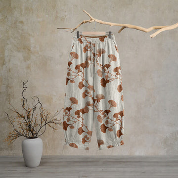 Pantaloni da casa in cotone con motivo a foglie di ginkgo color ruggine e base beige - Beige - XL - image 0