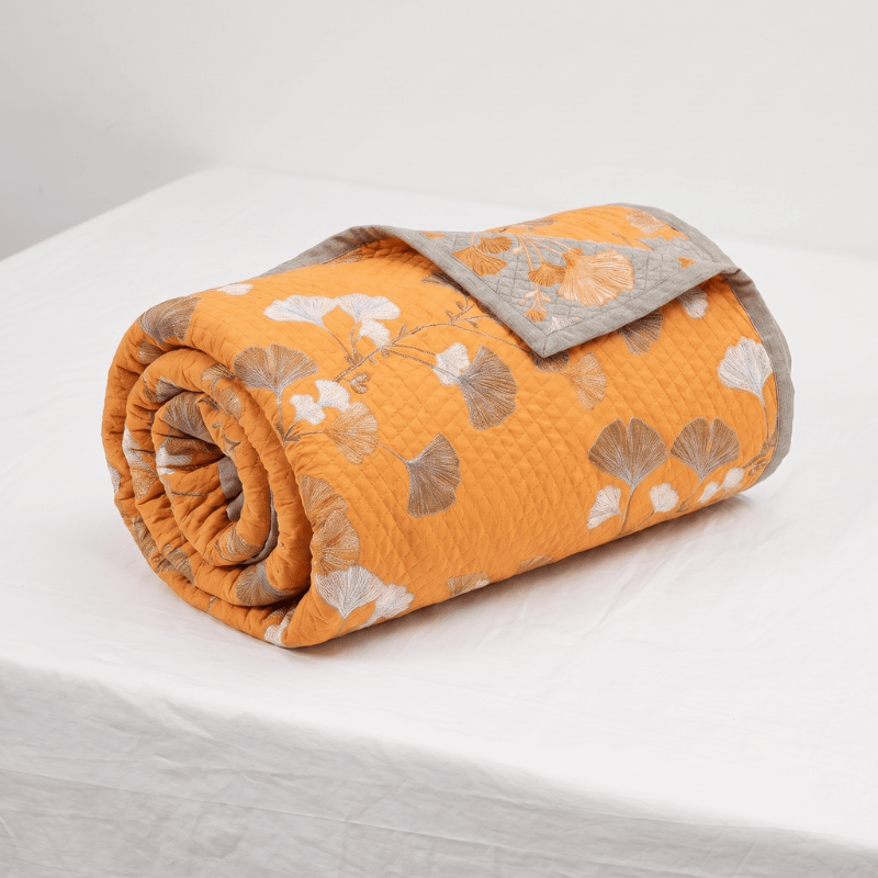 Coperta trapuntata reversibile con motivo botanico di Ginkgo - image 7