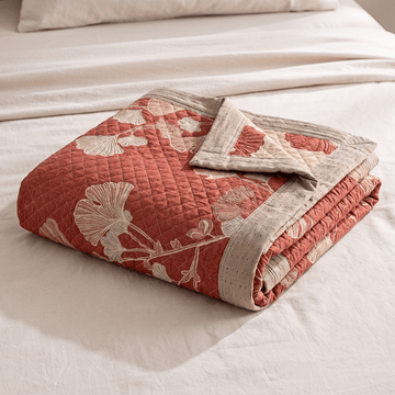 Coperta in cotone con motivo a foglie di ginkgo rosse - Rosso terracotta - 90" x 92" - image 0