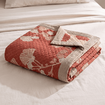 Coperta in cotone con motivo a foglie di ginkgo rosse - Rosso terracotta - 90" x 92" - image 0