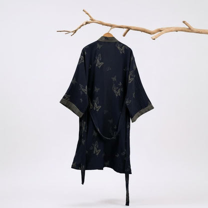 Kimono in doppia garza di cotone con motivo a farfalla blu navy - image 1