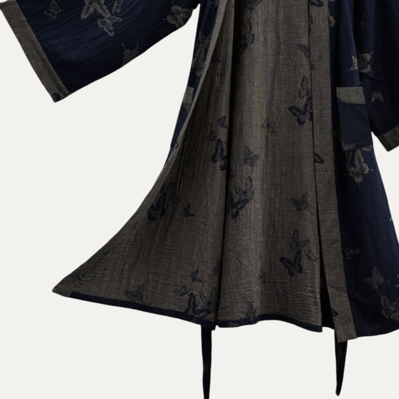 Kimono in doppia garza di cotone con motivo a farfalla blu navy - image 4