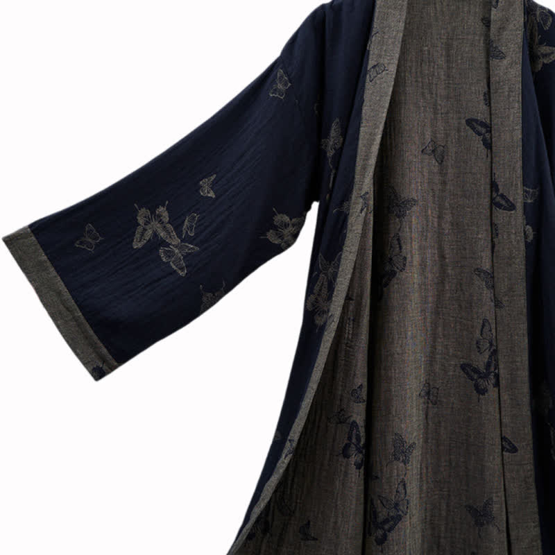 Kimono in doppia garza di cotone con motivo a farfalla blu navy - image 3