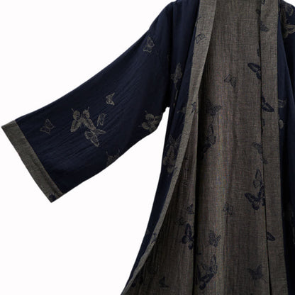 Kimono in doppia garza di cotone con motivo a farfalla blu navy - image 3