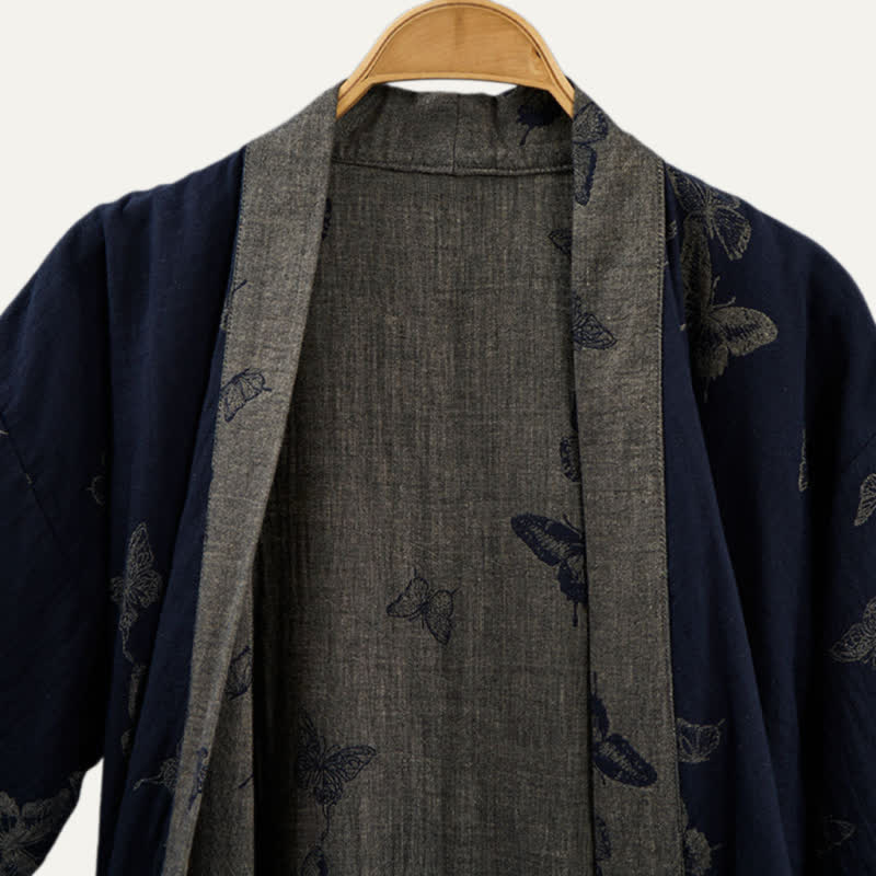 Kimono in doppia garza di cotone con motivo a farfalla blu navy - image 2