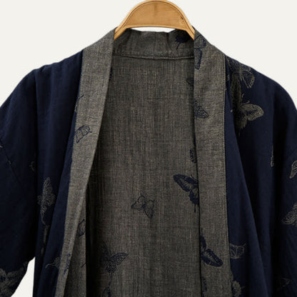 Kimono in doppia garza di cotone con motivo a farfalla blu navy - image 2