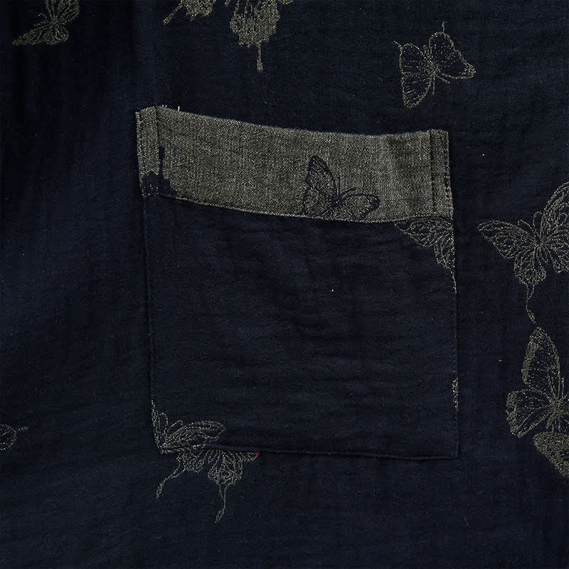 Kimono in doppia garza di cotone con motivo a farfalla blu navy - image 5