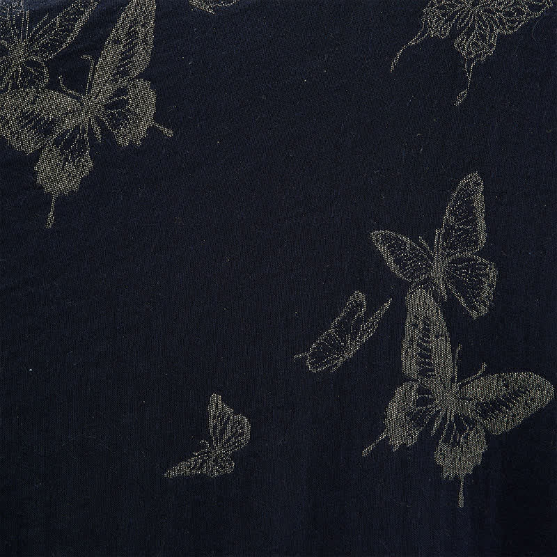 Kimono in doppia garza di cotone con motivo a farfalla blu navy - image 6