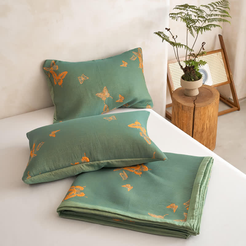 Elegante trapunta in cotone con stampa a farfalle - Verde e giallo - 2 federe - 51cm x 91cm - image 3