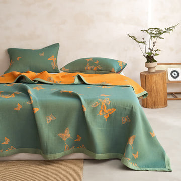 Elegante trapunta in cotone con stampa a farfalle - Verde e giallo - Trapunta con 2 federe - Matrimoniale Extra Lungo - image 0