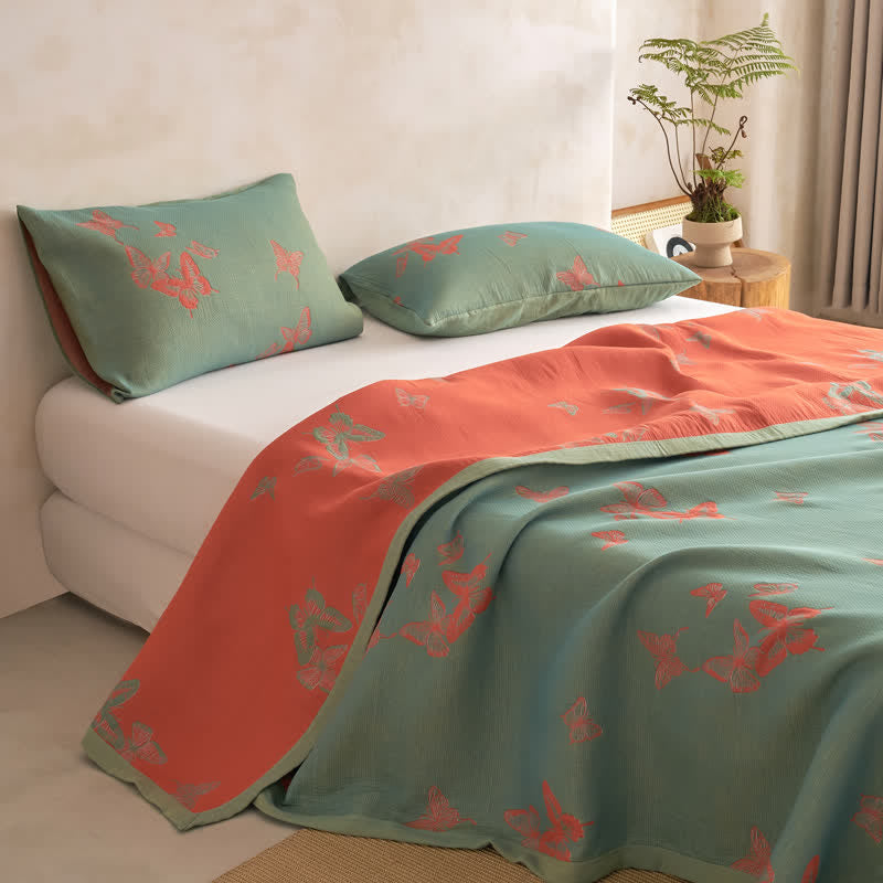 Elegante trapunta in cotone con stampa a farfalle - Verde e arancione bruciato - Trapunta con 2 federe - Matrimoniale Extra Lungo - image 7