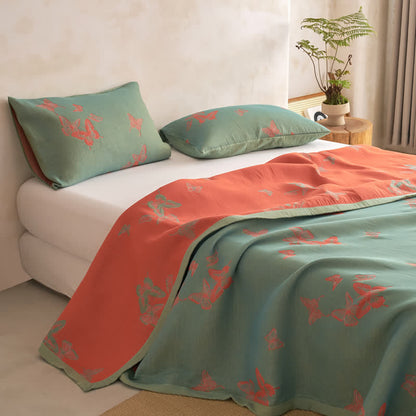 Elegante trapunta in cotone con stampa a farfalle - Verde e arancione bruciato - Trapunta con 2 federe - Matrimoniale Extra Lungo - image 7