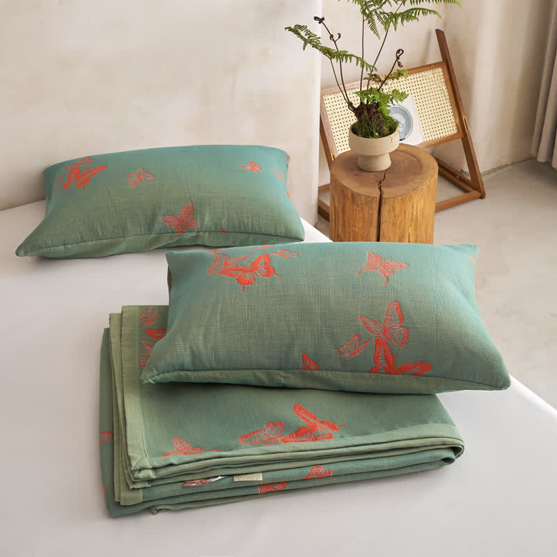 Elegante trapunta in cotone con stampa a farfalle - Verde e arancione bruciato - 2 federe - 51cm x 91cm - image 10