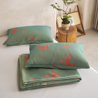 Elegante trapunta in cotone con stampa a farfalle - Verde e arancione bruciato - 2 federe - 51cm x 91cm - image 10