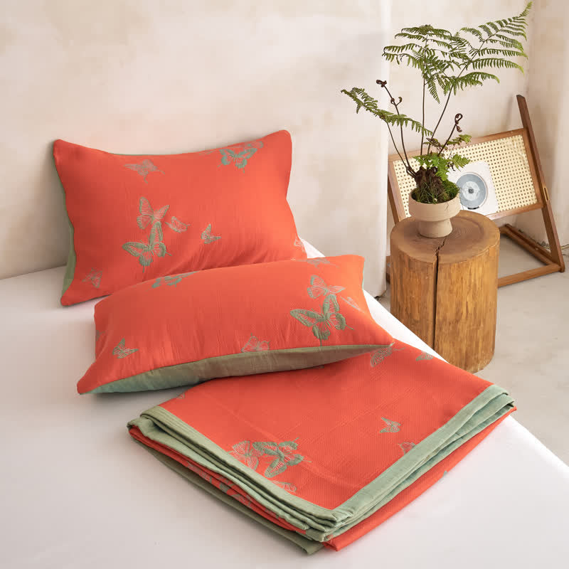 Elegante trapunta in cotone con stampa a farfalle - Arancione chiaro e verde - 2 federe - 51cm x 91cm - image 17