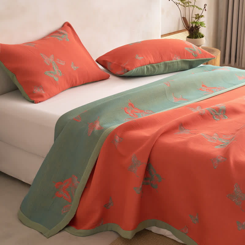 Elegante trapunta in cotone con stampa a farfalle - Arancione chiaro e verde - Trapunta con 2 federe - Matrimoniale Extra Lungo - image 14