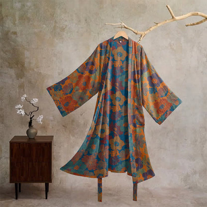 Kimono vintage in cotone con motivo floreale - Arancia - XL - image 0