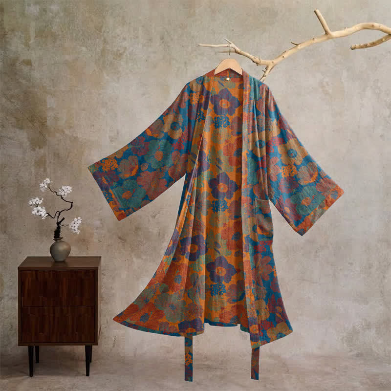Kimono vintage in cotone con motivo floreale - Blu - XL - image 5