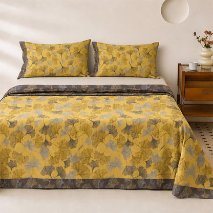 Set di biancheria da letto in cotone con foglie di ginkgo dorate - Giallo - Copriletto con 2 federe - Matrimoniale Grande - image 1