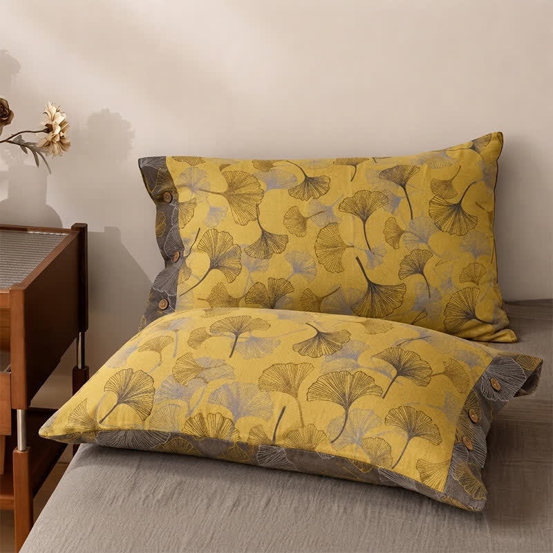 Set di biancheria da letto in cotone con foglie di ginkgo dorate - Giallo - 2 federe - 40" x 50cm x 50cm - image 3