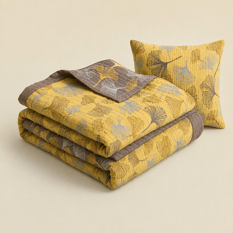 Coperta in cotone a trama grossa con ginkgo dorato - image 2