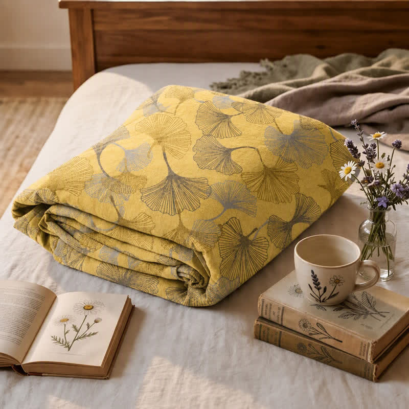Coperta in cotone a trama grossa con ginkgo dorato - image 1