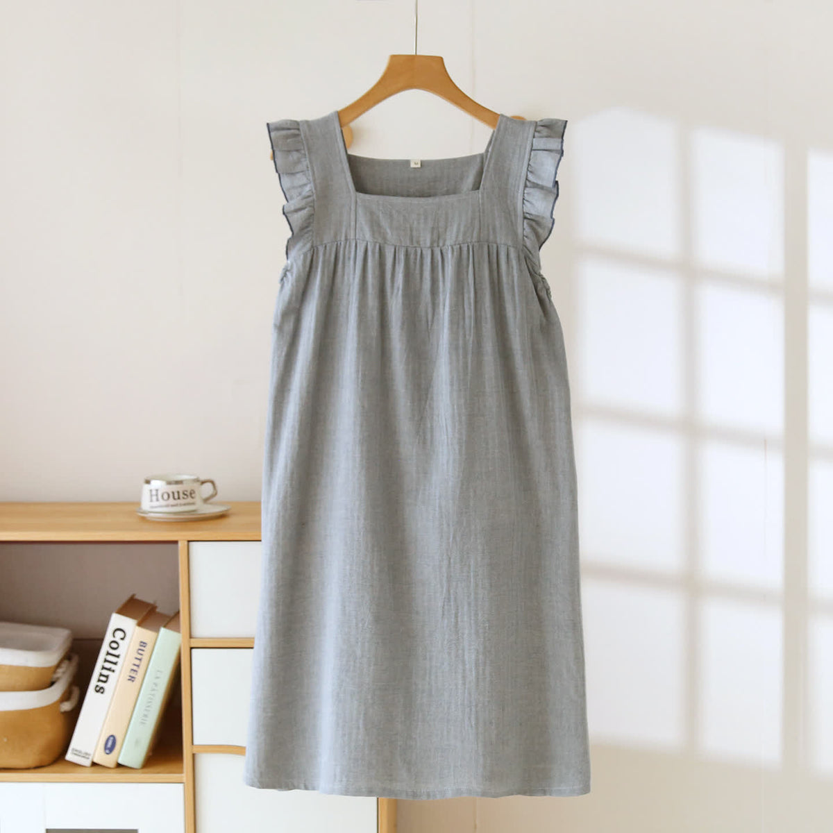 Abito da casa in cotone con scollo quadrato e volant - Grigio - XL - image 11