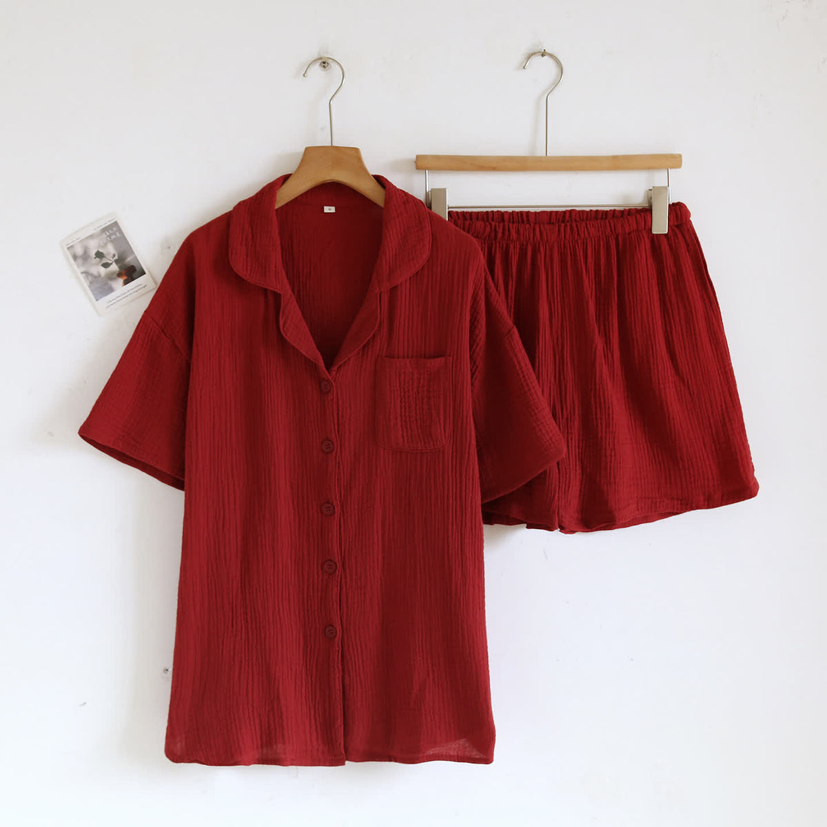 Completo da casa in garza di cotone con bottoni frontali - Rosso - Donna XL - image 4