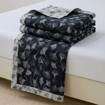 Set di biancheria da letto reversibile in cotone con motivo vintage a foglie di ginkgo nero - Nero - Copriletto - Matrimoniale Grande - image 0
