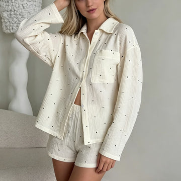 Completo pigiama in cotone con colletto e stampa a pois - Beige - L - image 0