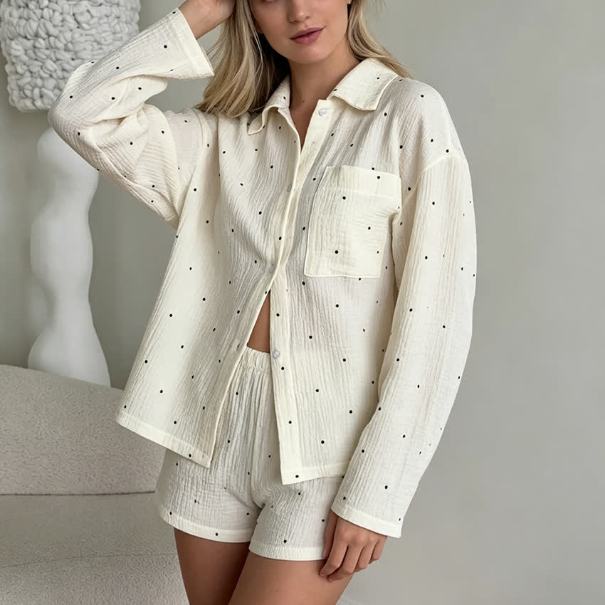 Completo pigiama in cotone con colletto e stampa a pois - Beige - L - image 0