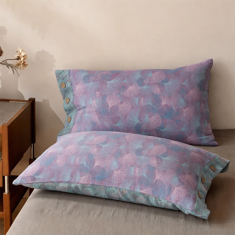 Set di biancheria da letto in cotone con delicate foglie di ginkgo in stile vintage. - Viola - 2 federe - 102 cm x 51 cm - image 2