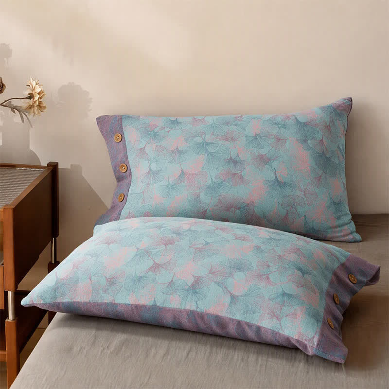 Set di biancheria da letto in cotone con delicate foglie di ginkgo in stile vintage. - Blu - 2 federe - 102 cm x 51 cm - image 5