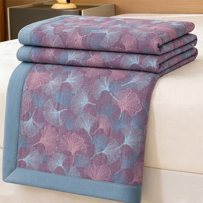 Coperta in cotone con motivo botanico retrò a foglie di ginkgo - Viola - 229 cm x 234 cm - image 5