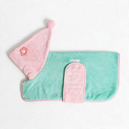 Accappatoio per cani con motivo floreale a contrasto verde menta e rosa. - image 3