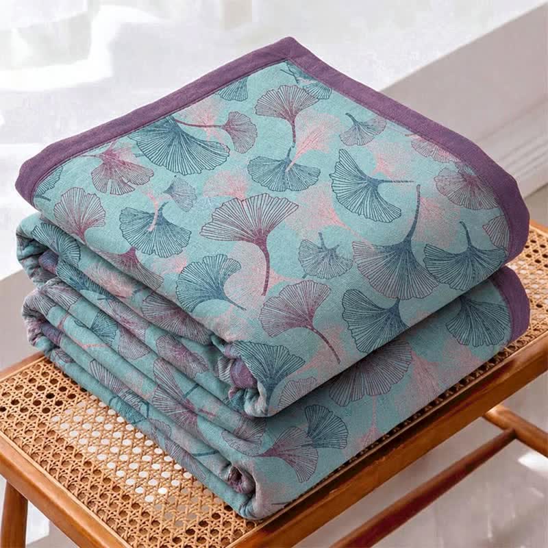 Coperta in cotone con motivo botanico retrò a foglie di ginkgo - image 1