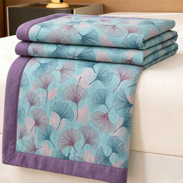 Coperta in cotone con motivo botanico retrò a foglie di ginkgo - Blu - 90" x 92" - image 0