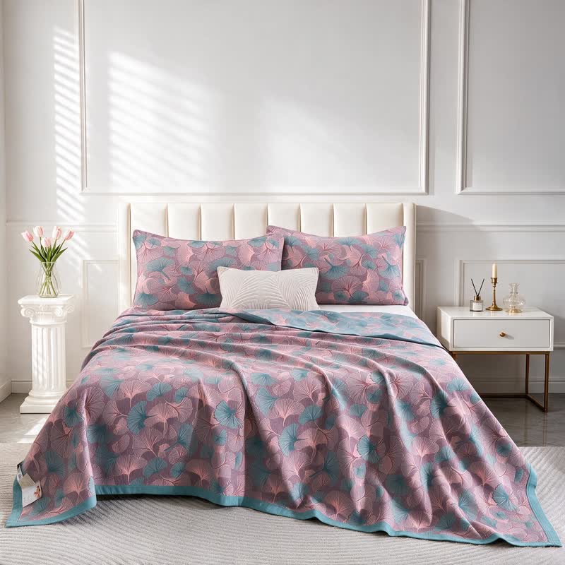 Coperta in cotone con motivo botanico retrò a foglie di ginkgo - image 8