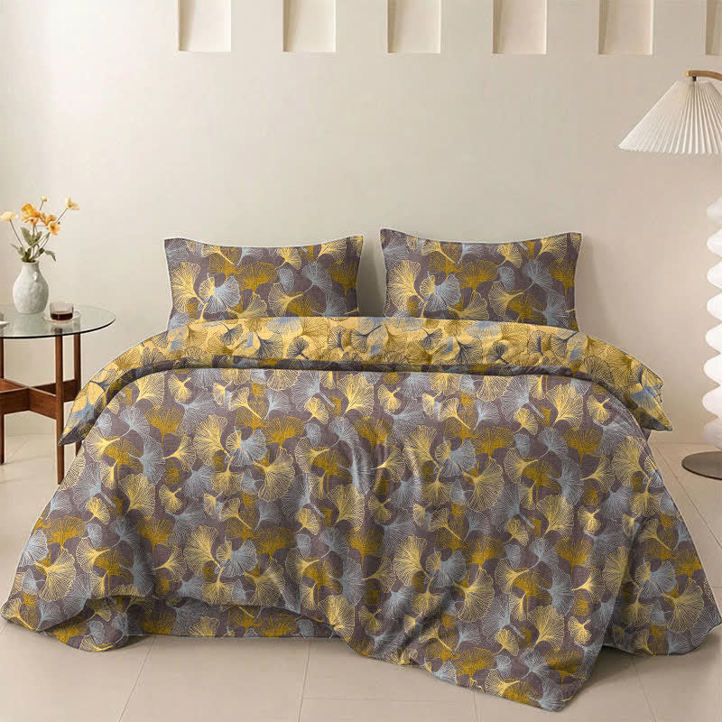 Set di biancheria da letto in garza di cotone con motivo a foglie di ginkgo in stile retrò - Marrone chiaro - 2 federe - 50cm x 50cm x 37" - image 4