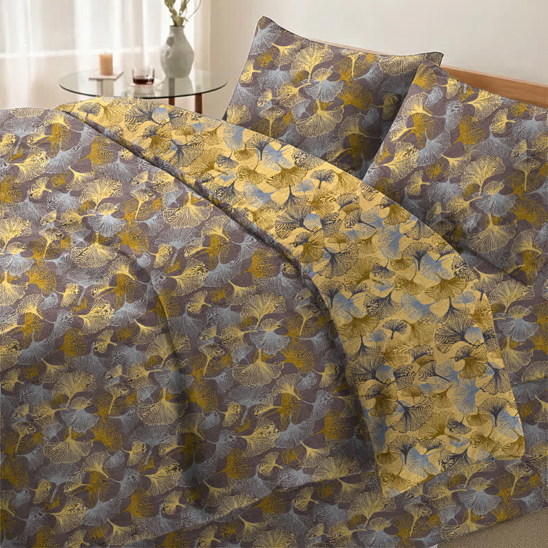 Set di biancheria da letto in garza di cotone con motivo a foglie di ginkgo in stile retrò - image 5