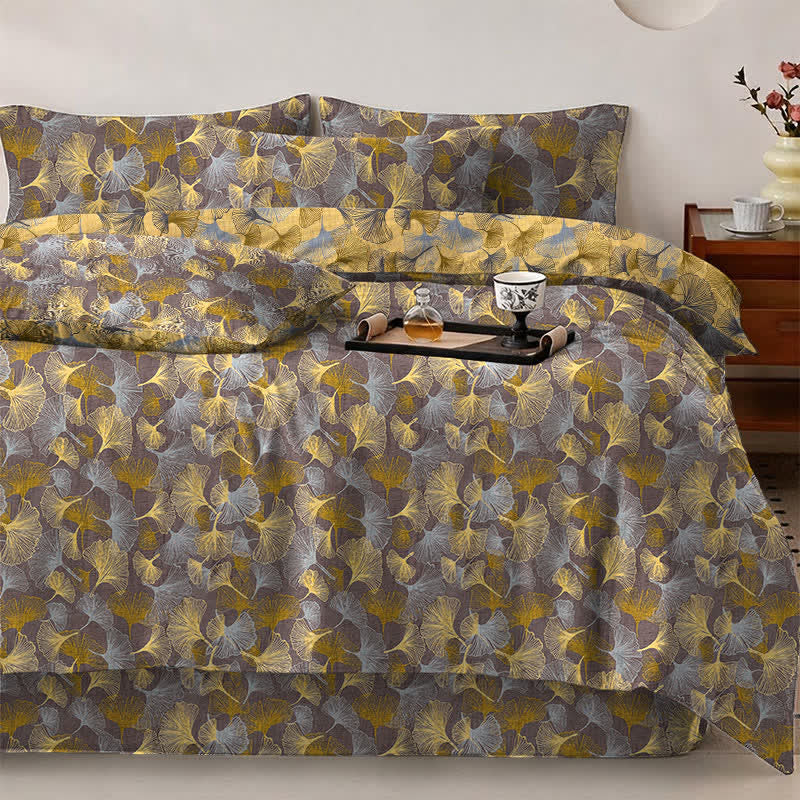 Set di biancheria da letto in garza di cotone con motivo a foglie di ginkgo in stile retrò - image 6