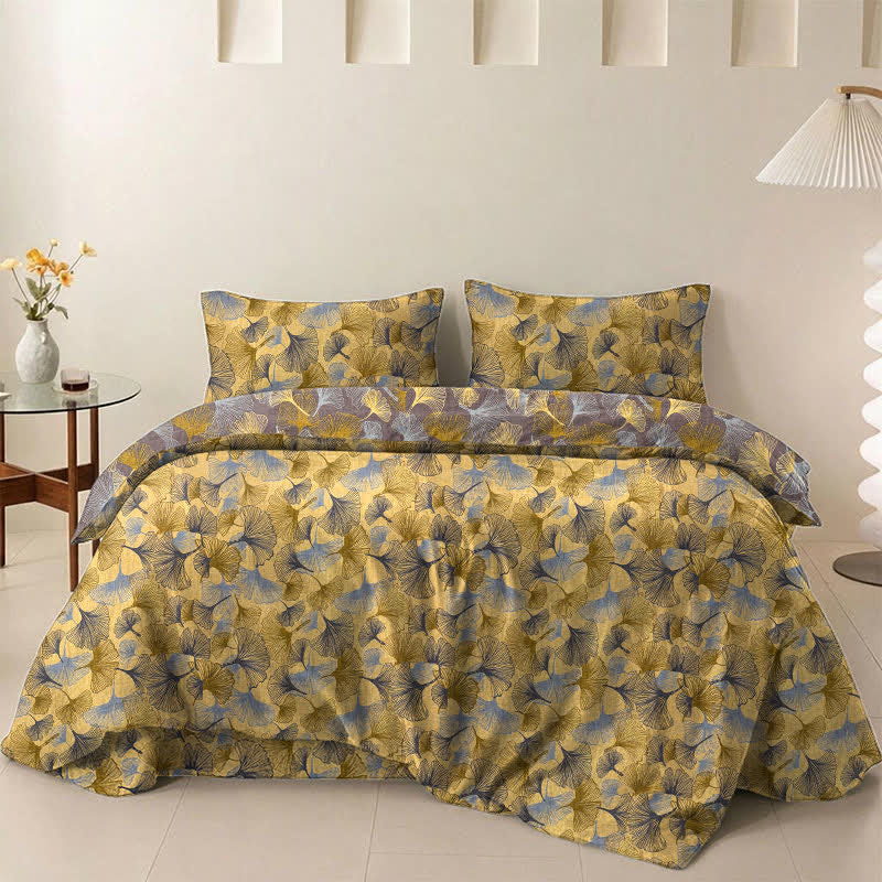 Set di biancheria da letto in garza di cotone con motivo a foglie di ginkgo in stile retrò - Giallo - 2 federe - 50cm x 50cm x 37" - image 0