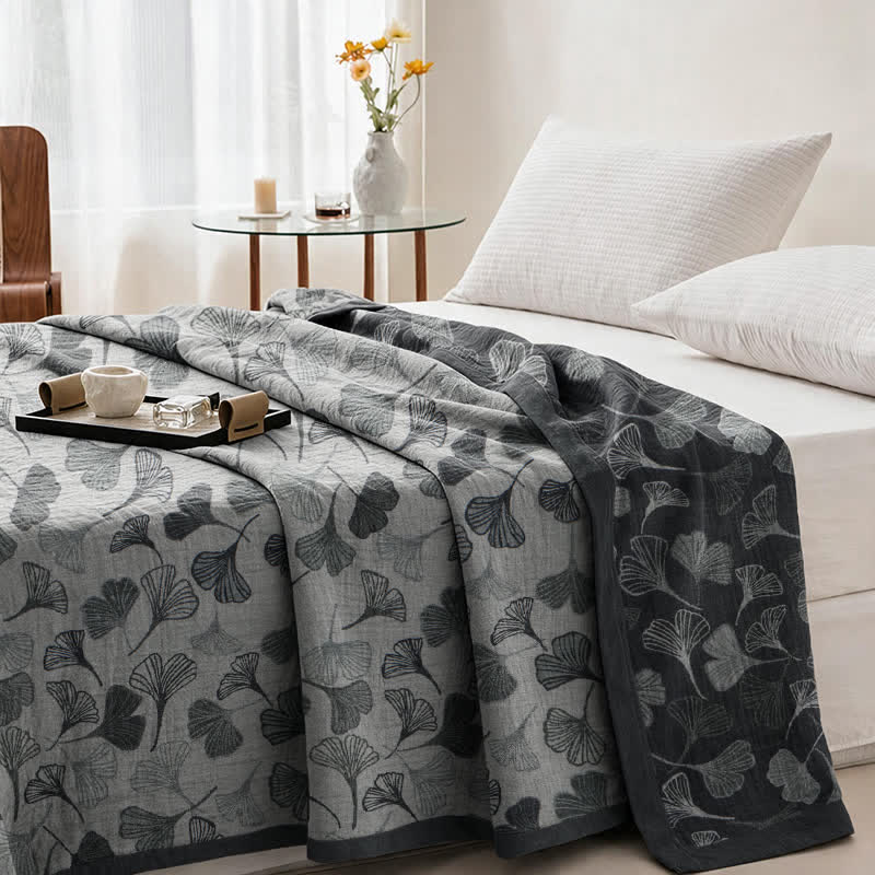 Coperta in cotone con foglie di ginkgo grigio-nere - image 3