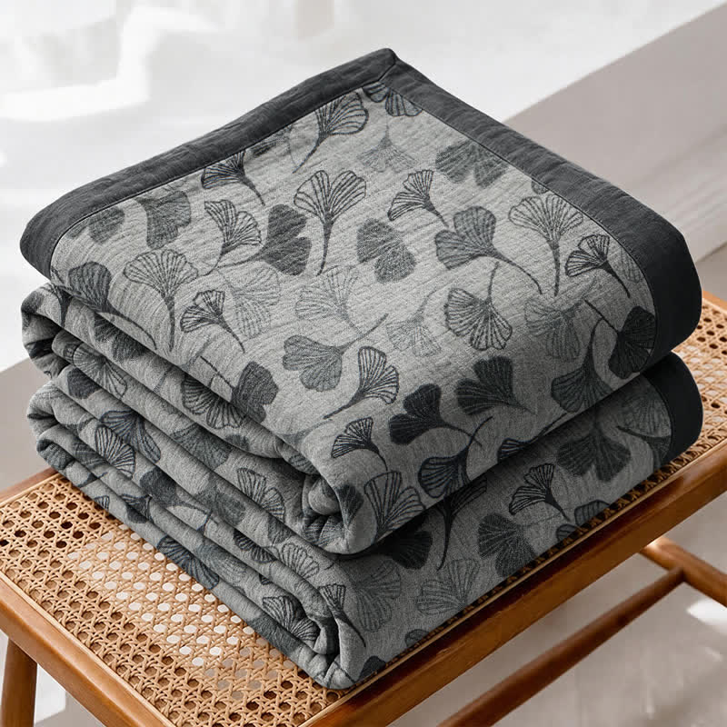 Coperta in cotone con foglie di ginkgo grigio-nere - image 1