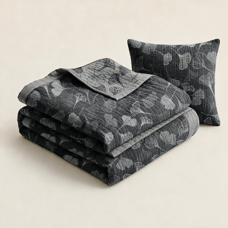 Coperta in cotone con foglie di ginkgo grigio-nere - image 8