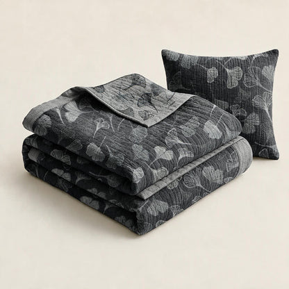 Coperta in cotone con foglie di ginkgo grigio-nere - image 8